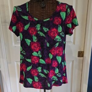 LuLaRoe Purple Top with Red and Green Floral Design